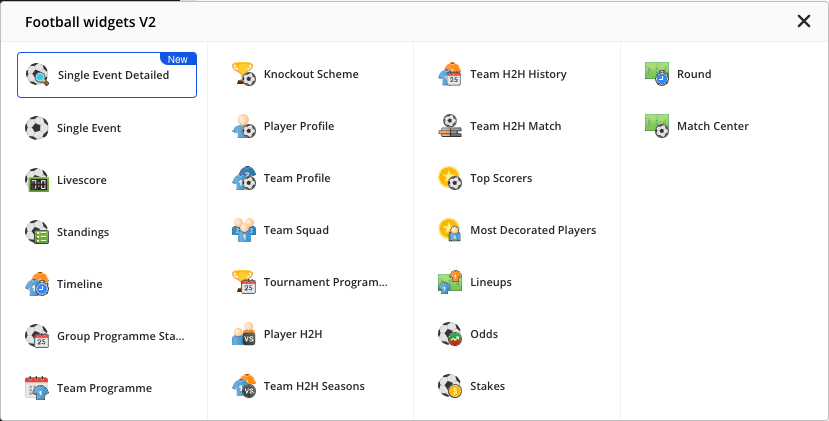 The Football widgets list opened from the sport icon, showing all ten widgets with Single Event Detailed among them.