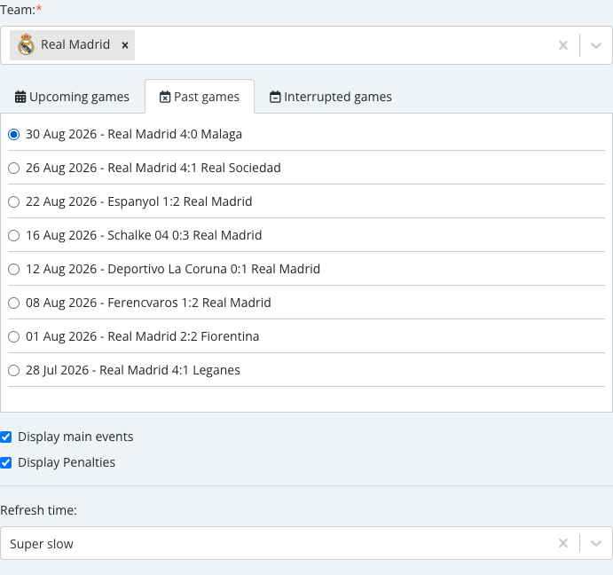 The match list revealed after selecting a team, with one specific Single Event Detailed match checked.