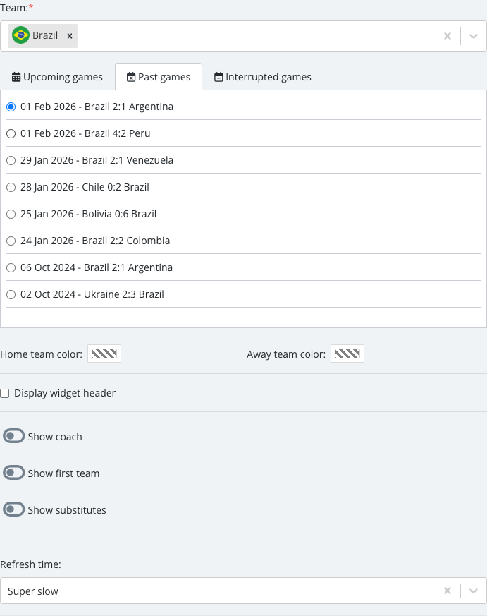 The match list revealed after selecting a team, with one specific Lineups match checked.
