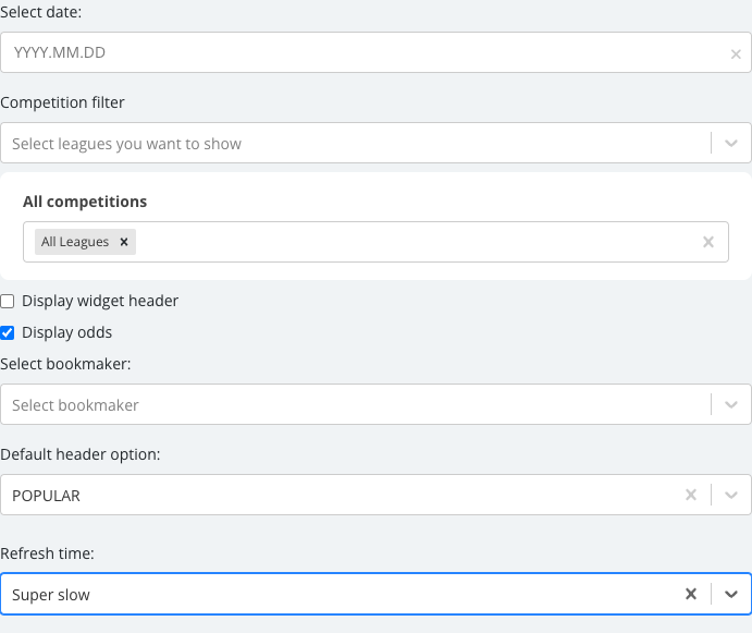 The Livescore options panel with its fields set.