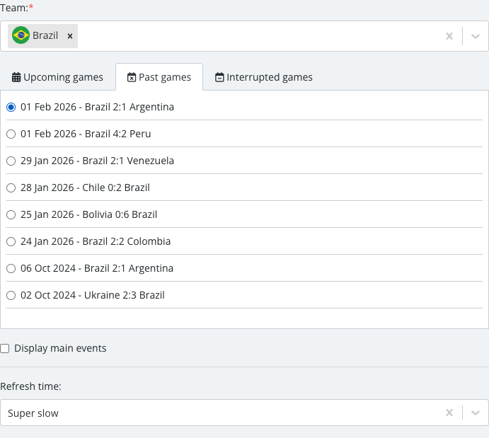 The match list revealed after selecting a team, with one specific Match Center match checked.