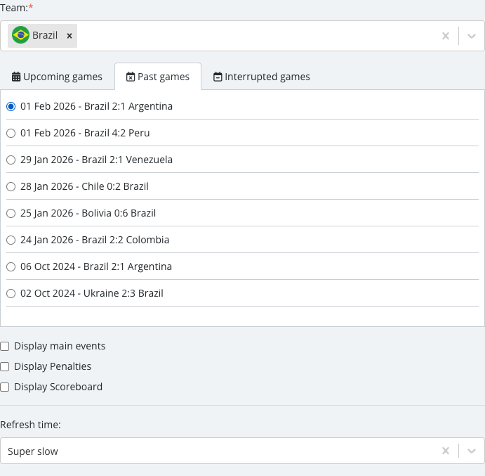 The match list revealed after selecting a team, with one specific Single Event Detailed match checked.