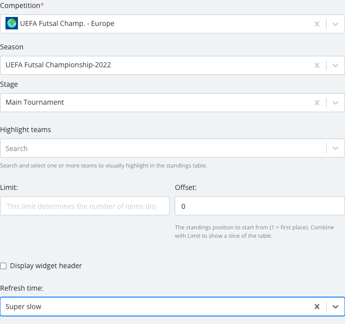 The Standings options panel with its fields set.