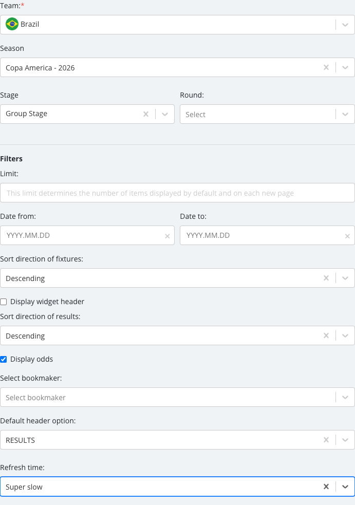 The Team Programme options panel with its fields set.