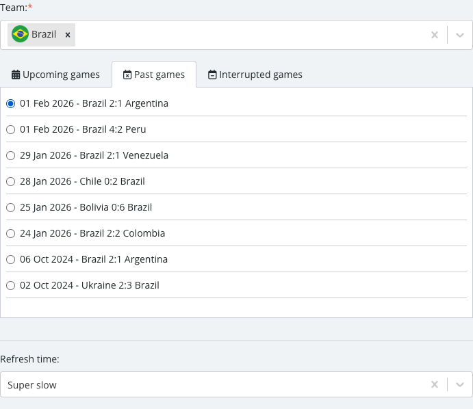 The match list revealed after selecting a team, with one specific Timeline match checked.