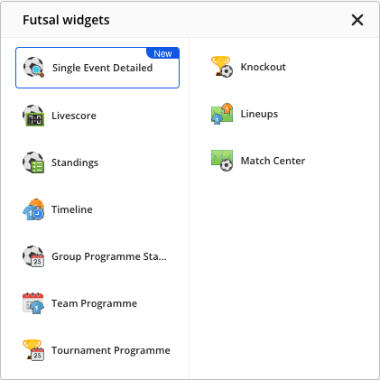 The Futsal widgets list opened from the sport icon, showing all ten widgets with Tournament Programme among them.
