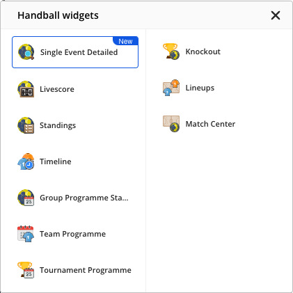 The Handball widgets list opened from the sport icon, showing all ten widgets with Knockout among them.