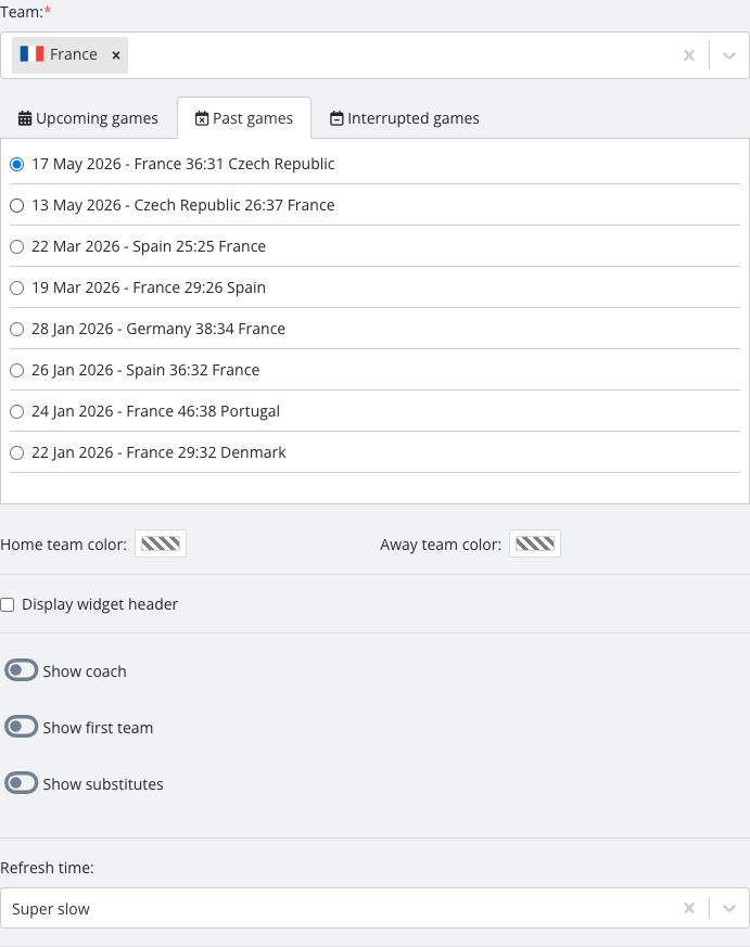 The match list revealed after selecting a team, with one specific Lineups match checked.