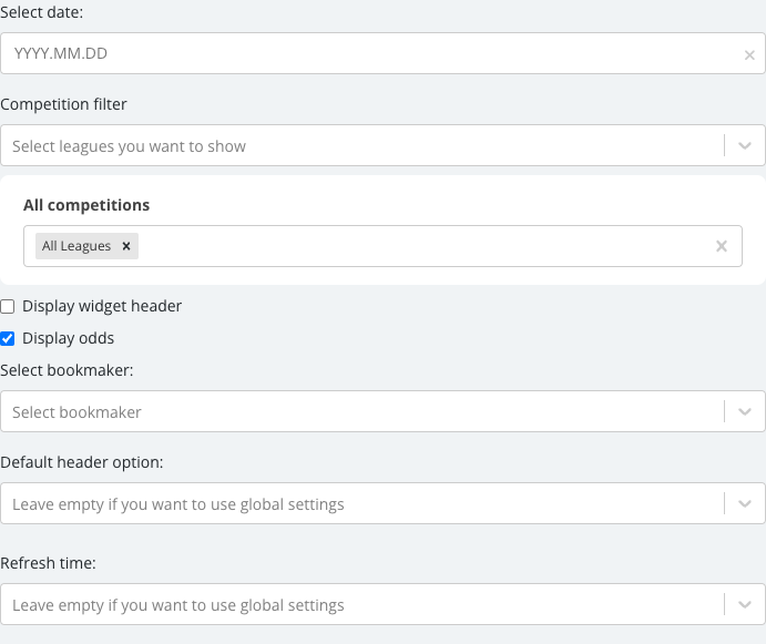 The Livescore options panel as it first opens.