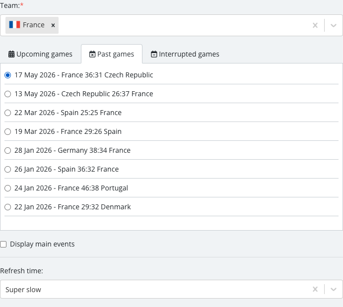 The match list revealed after selecting a team, with one specific Match Center match checked.