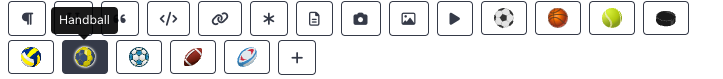 The icon row revealed by hovering a block, with the Handball icon highlighted among the other sports available on this project.