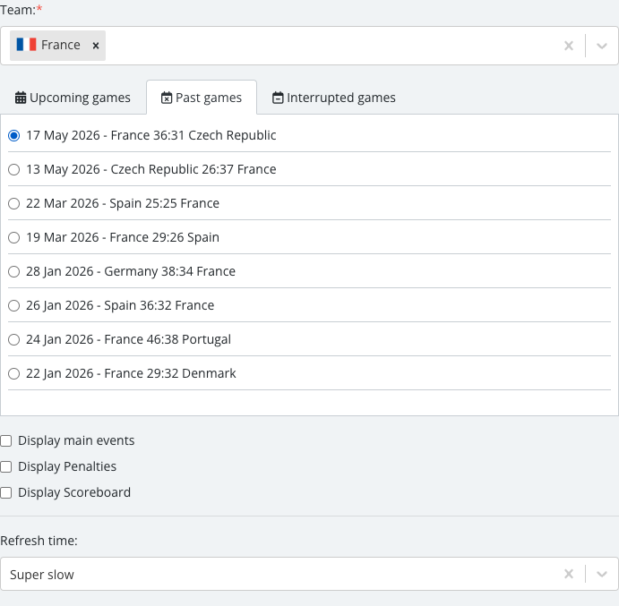 The match list revealed after selecting a team, with one specific Single Event Detailed match checked.