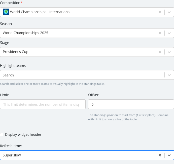 The Standings options panel with its fields set.