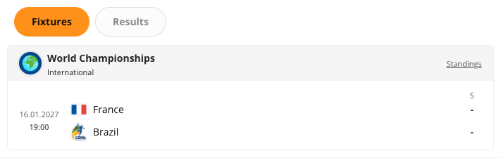 The Handball Team Programme widget rendered in the CMS preview. The widget lists that team’s matches in date order.