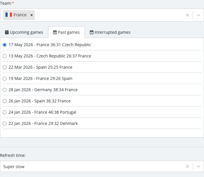The match list revealed after selecting a team, with one specific Timeline match checked.