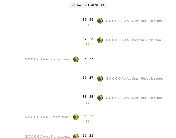 The Handball Timeline widget rendered in the CMS preview. The widget shows the match’s events in order, divided by half.