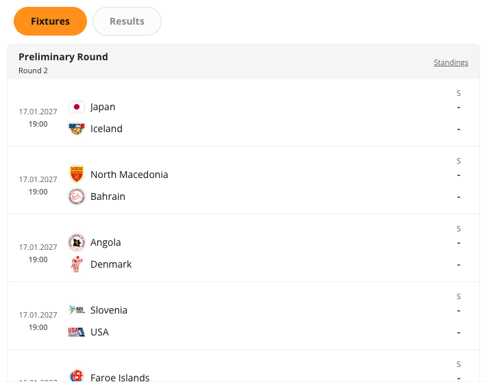 The Handball Tournament Programme widget rendered in the CMS preview. The widget lists fixtures grouped by round for the competition and season you selected.