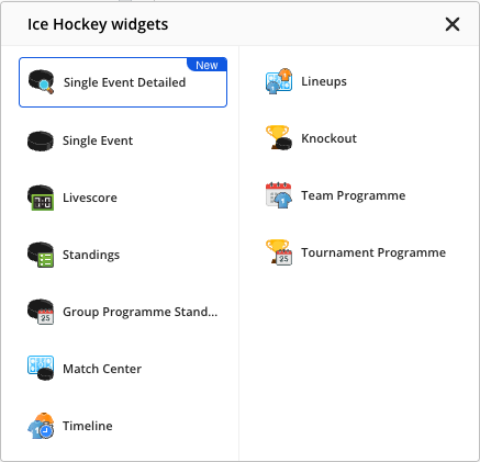 The Ice Hockey widgets list opened from the sport icon, showing all ten widgets with Match Center among them.