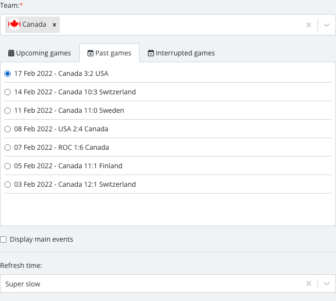 The match list revealed after selecting a team, with one specific Match Center match checked.