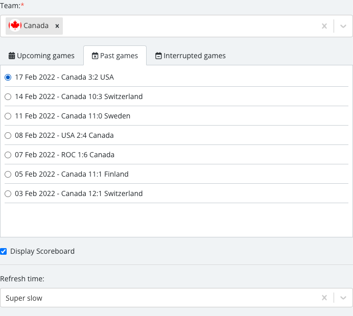 The match list revealed after selecting a team, with one specific Single Event Detailed match checked.