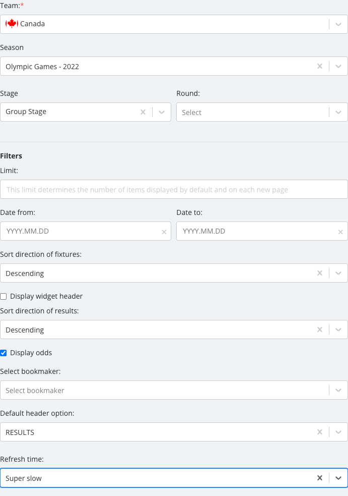 The Team Programme options panel with its fields set.