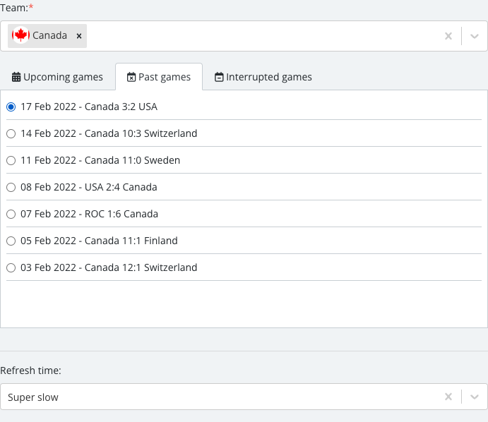 The match list revealed after selecting a team, with one specific Timeline match checked.