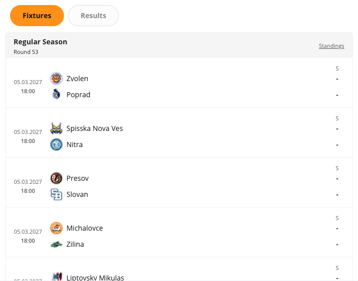 The Ice Hockey Tournament Programme widget rendered in the CMS preview. The widget lists fixtures grouped by round for the competition and season you selected.