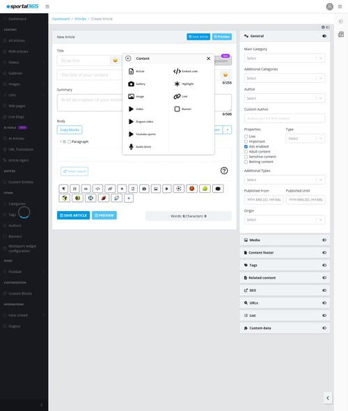 Add block menu: Content category with Dugout video option