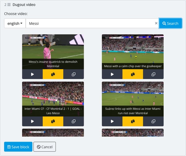 Dugout video block panel with a populated search results list