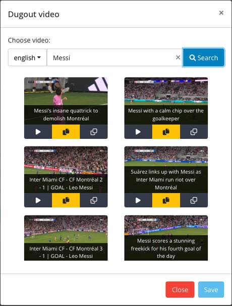 Dugout video search modal opened from Choose Main Media