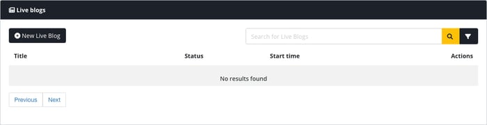 Live blogs listing with New Live Blog button