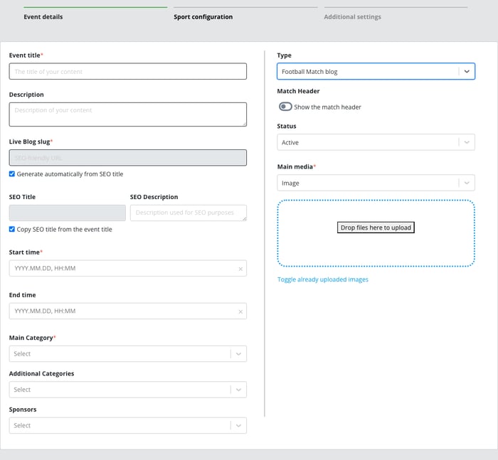 Live Blog Event details step: Type field and mandatory fields