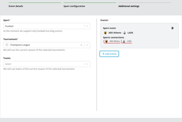Live Blog Sport configuration step: sport, tournament, teams and Events