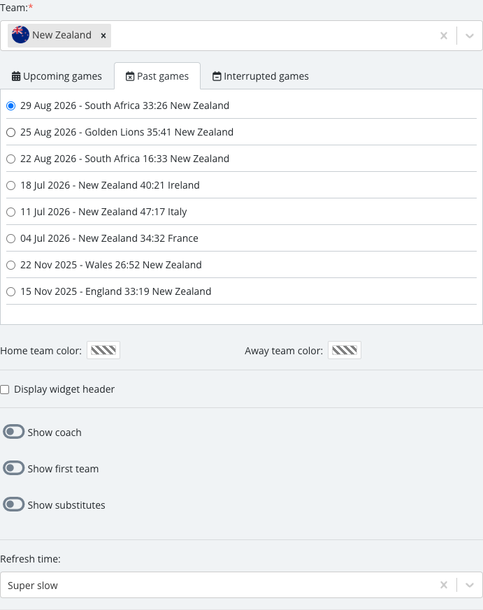 The match list revealed after selecting a team, with one specific Lineups match checked.