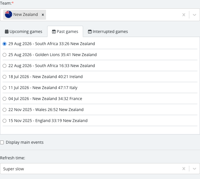 The match list revealed after selecting a team, with one specific Match Center match checked.