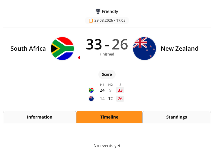The Rugby Match Center widget rendered in the CMS preview. The widget shows the match scoreboard with the tab bar underneath.