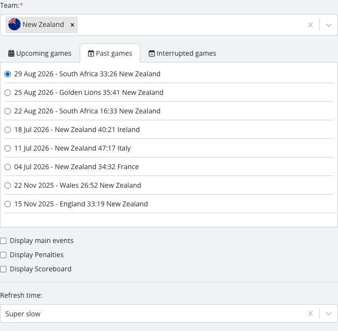 The match list revealed after selecting a team, with one specific Single Event Detailed match checked.