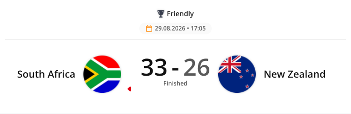 The Rugby Single Event Detailed widget rendered in the CMS preview. By default the widget shows just the match result. Checking Display Scoreboard, where available, adds the half-by-half breakdown underneath it.