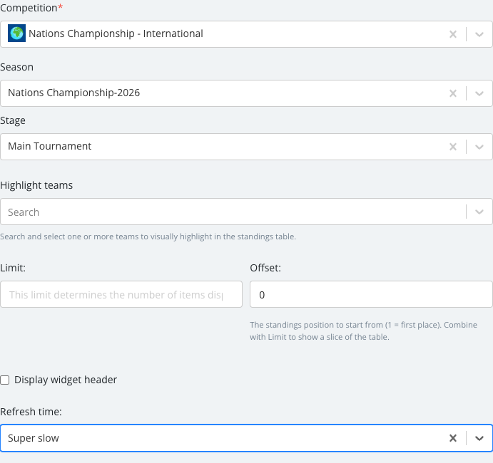 The Standings options panel with its fields set.
