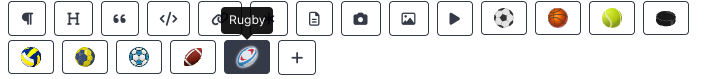 The icon row revealed by hovering a block, with the Rugby icon highlighted among the other sports available on this project.