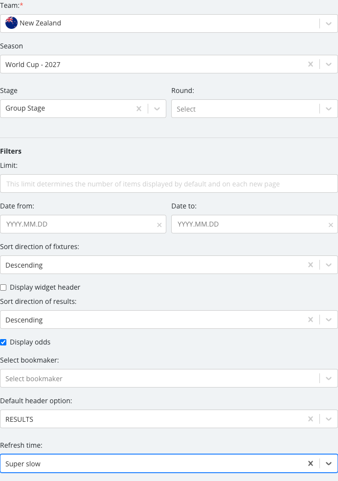 The Team Programme options panel with its fields set.