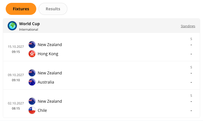 The Rugby Team Programme widget rendered in the CMS preview. The widget lists that team’s matches in date order.