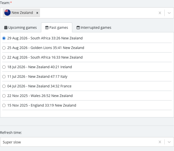 The match list revealed after selecting a team, with one specific Timeline match checked.
