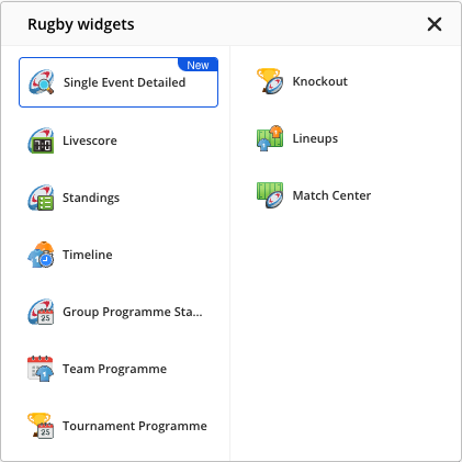 The Rugby widgets list opened from the sport icon, showing all ten widgets with Tournament Programme among them.