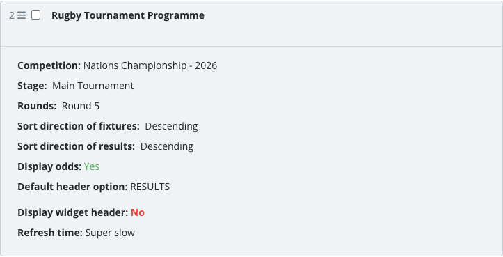 The saved Tournament Programme widget block in the article body.