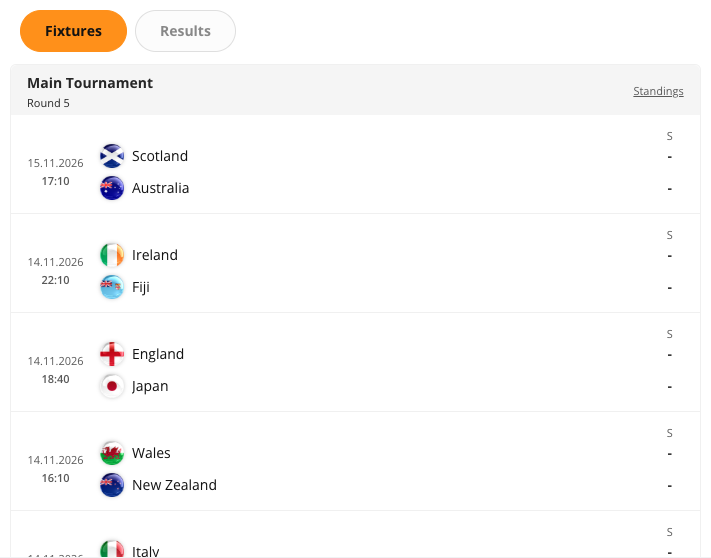 The Rugby Tournament Programme widget rendered in the CMS preview. The widget lists fixtures grouped by round for the competition and season you selected.