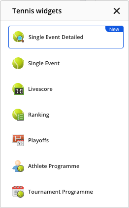 The Tennis widgets list opened from the sport icon, showing all ten widgets with Single Event Detailed among them.