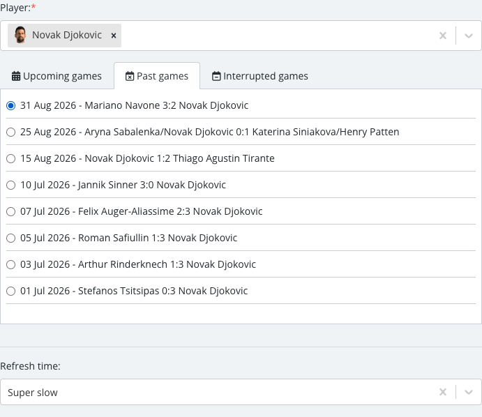 The match list revealed after selecting a team, with one specific Single Event Detailed match checked.