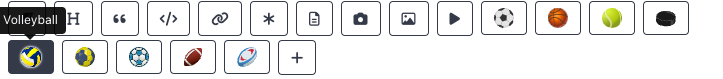 The icon row revealed by hovering a block, with the Volleyball icon highlighted among the other sports available on this project.