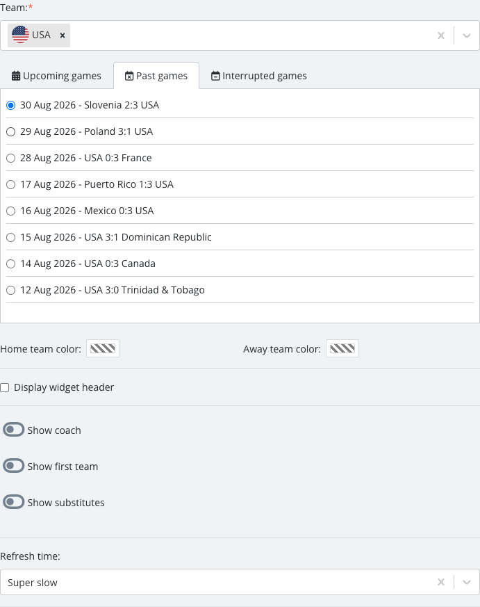 The match list revealed after selecting a team, with one specific Lineups match checked.